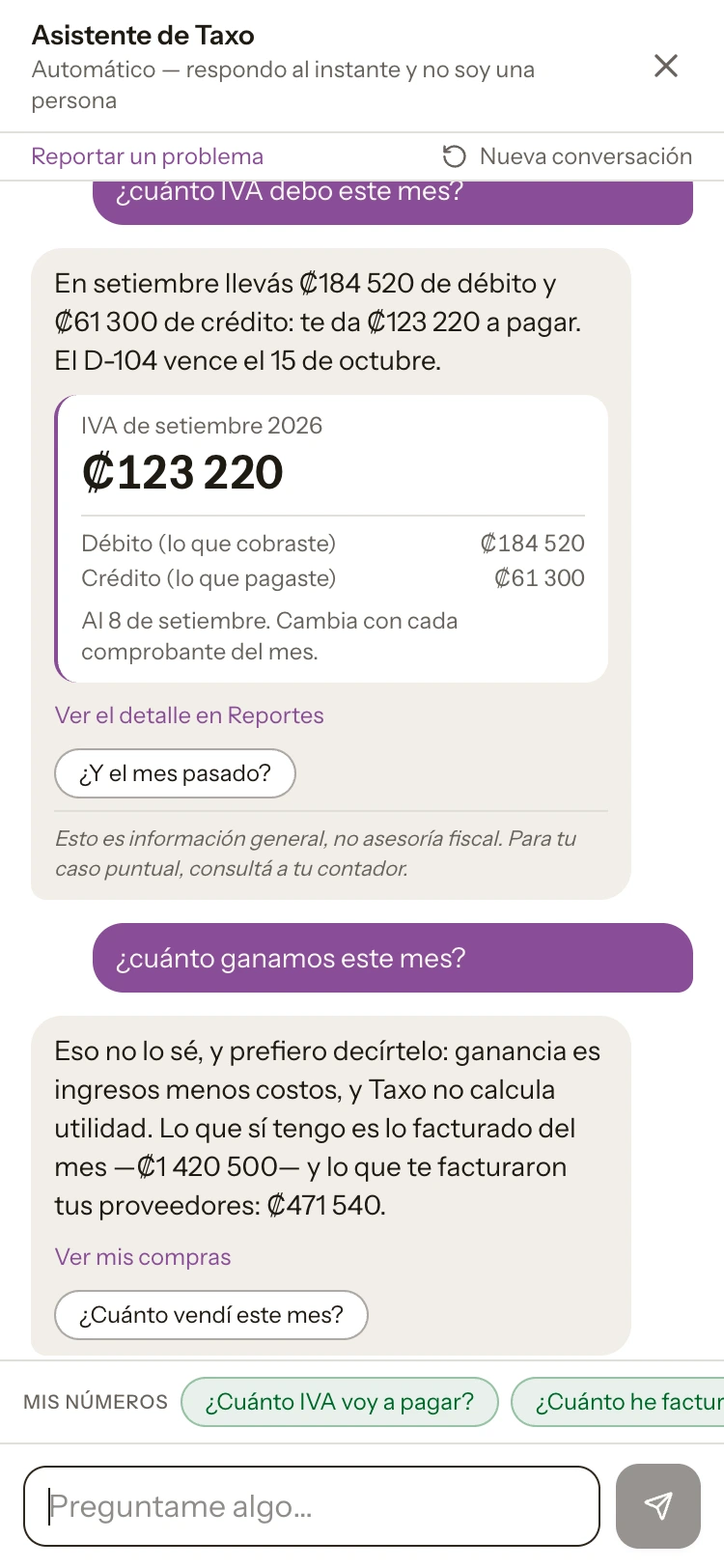 El chat abierto en un teléfono: la pregunta «¿cuánto IVA debo este mes?» con su respuesta y una tarjeta que muestra ₡123 220 desglosado en débito y crédito, y debajo «¿cuánto ganamos este mes?» con la respuesta de que Taxo no calcula utilidad.