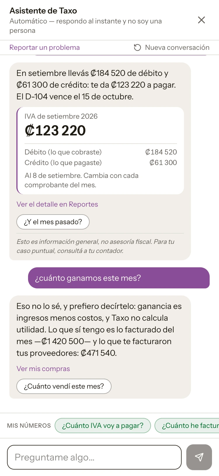 El final de la misma conversación: la pregunta «¿cuánto ganamos este mes?» y la respuesta, que empieza diciendo «Eso no lo sé, y prefiero decírtelo», explica que Taxo no calcula utilidad y ofrece lo facturado del mes y lo que facturaron los proveedores, con un enlace a Compras.