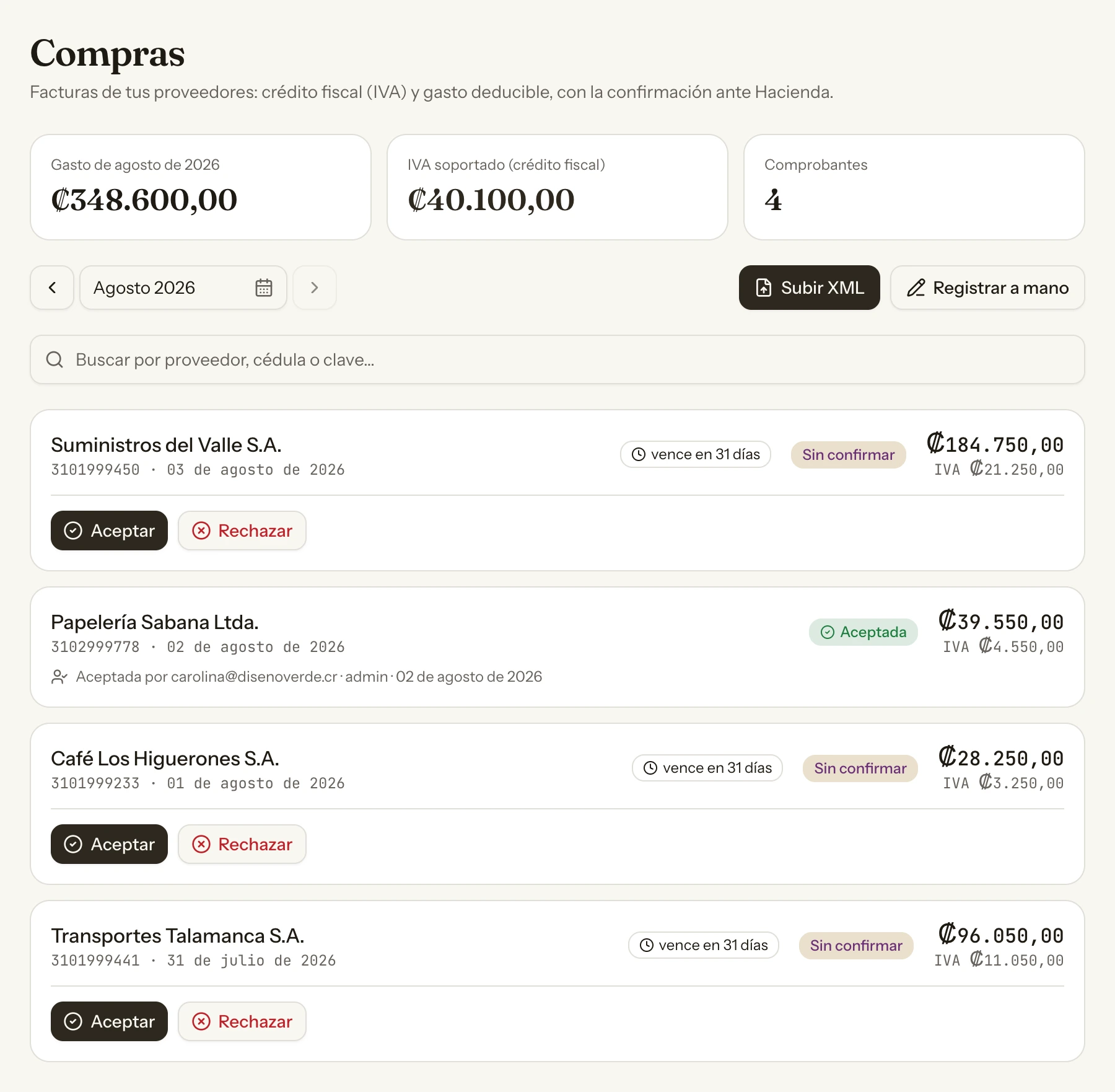 Compras del mes: cada factura que entró por el buzón, con su IVA soportado y su plazo para confirmar.