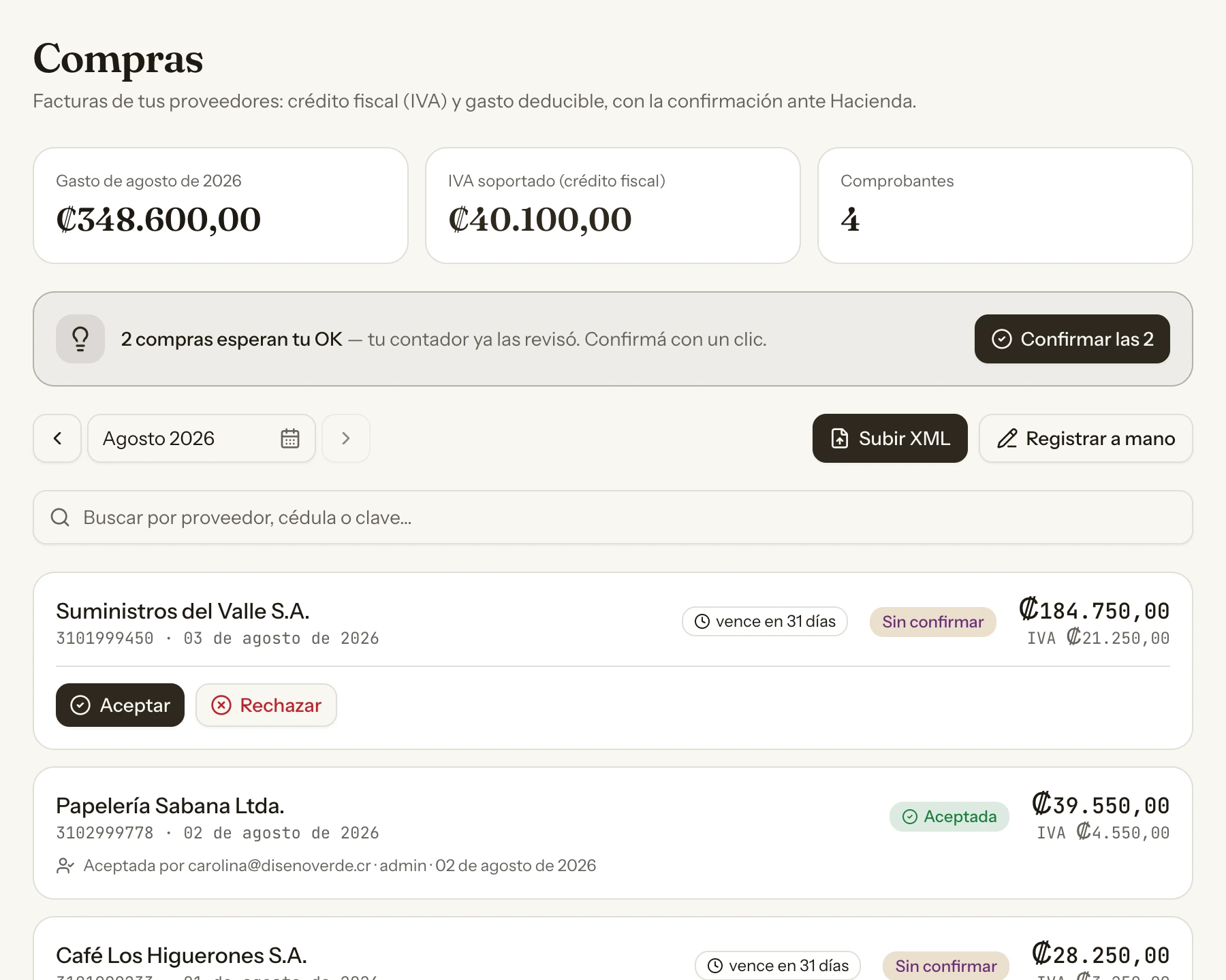 La franja de confirmación en tanda: lo que el contador ya revisó se confirma de una, sin abrir compra por compra.