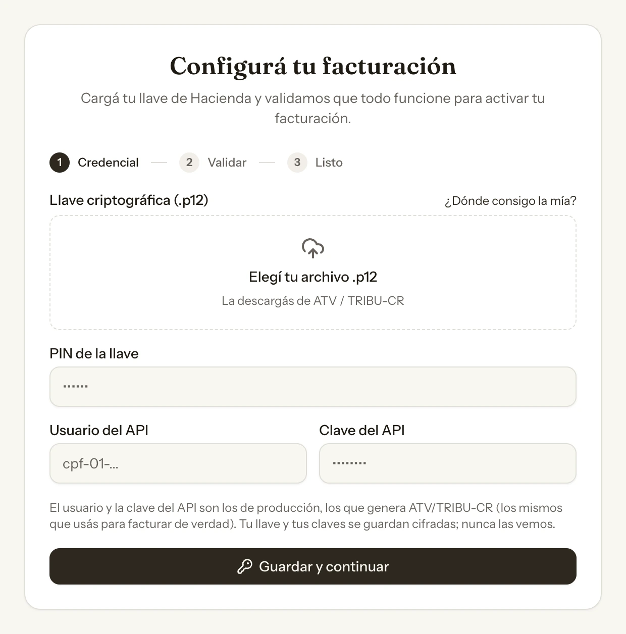 Configurar facturación en Taxo: el archivo .p12, el PIN y las credenciales del API en una sola pantalla.