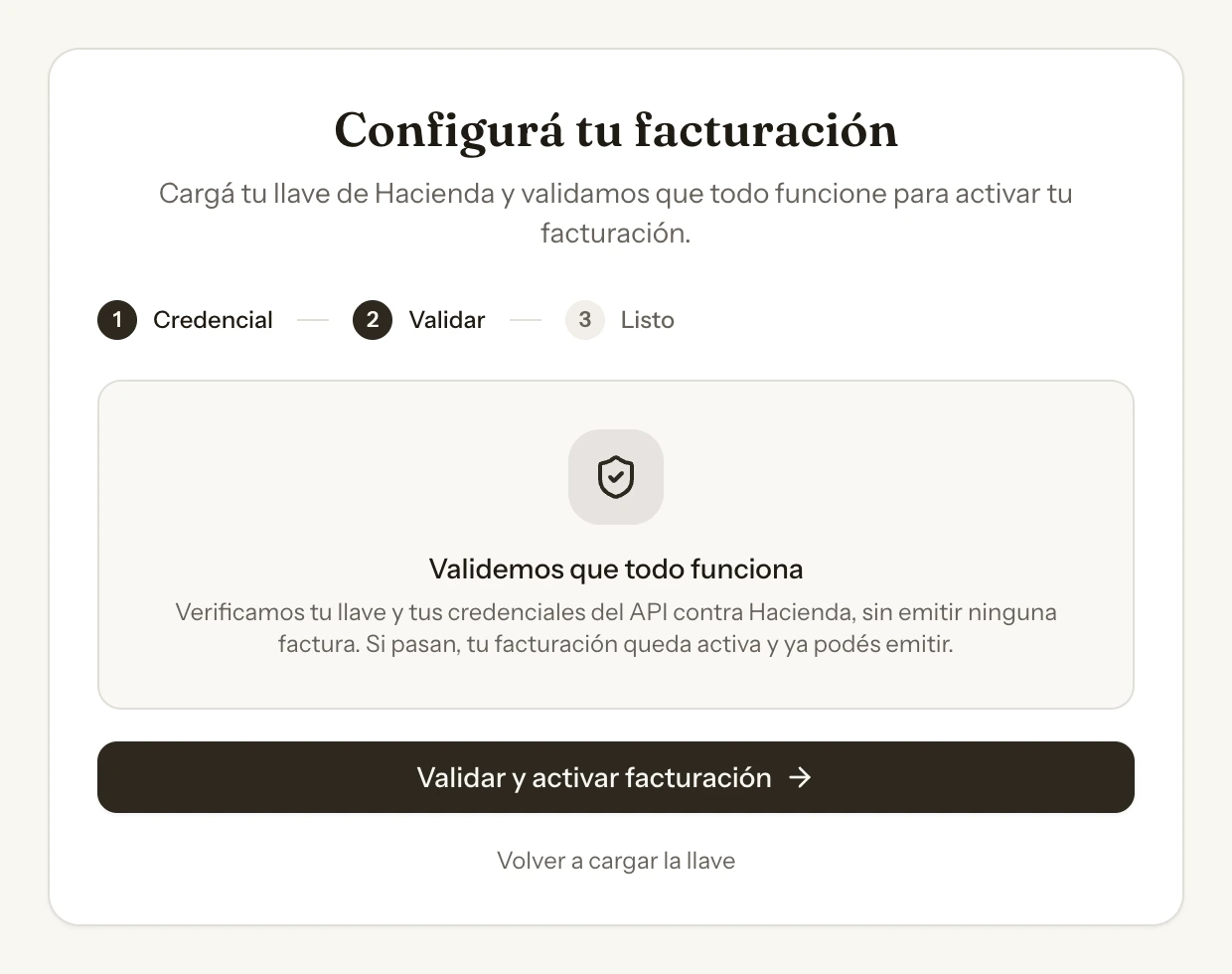 El último paso de Configurar facturación: la prueba que abre la llave con el PIN y se autentica contra Hacienda sin emitir nada.