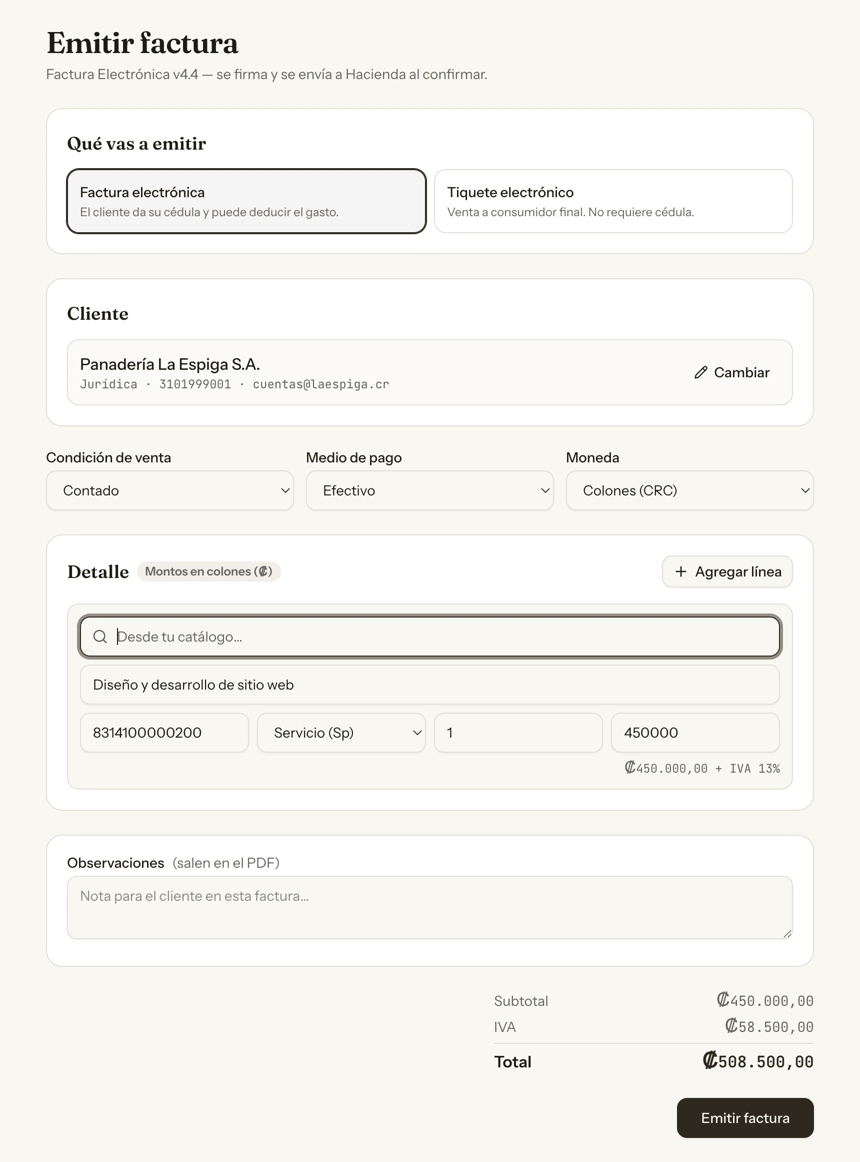 Pantalla Emitir: arriba el selector de factura o tiquete, debajo el cliente elegido de la libreta, una línea traída del catálogo y los totales con el IVA ya calculado.