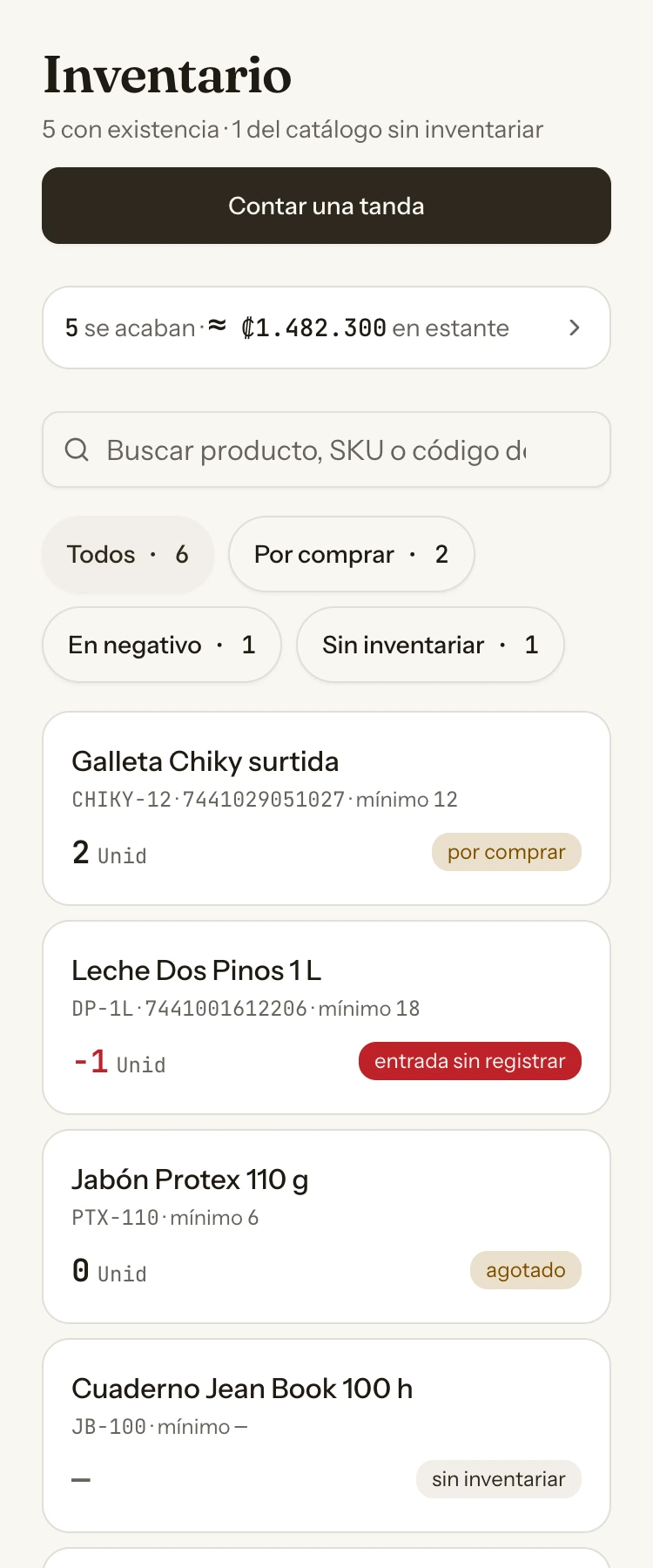 La pantalla Inventario en un teléfono: el botón «Contar una tanda», una franja con lo que se acaba y lo que hay en estante, el buscador, los cuatro filtros y la lista de productos con su estado.