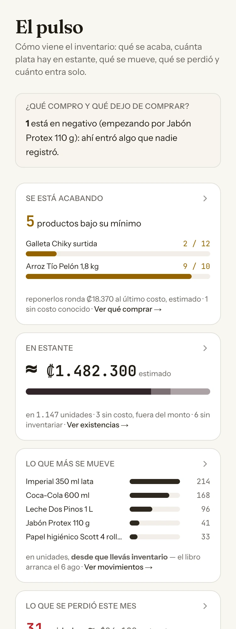 La pantalla «El pulso»: qué comprar y qué dejar de comprar, y las tarjetas con lo que se acaba, la plata en estante y lo que se mueve.