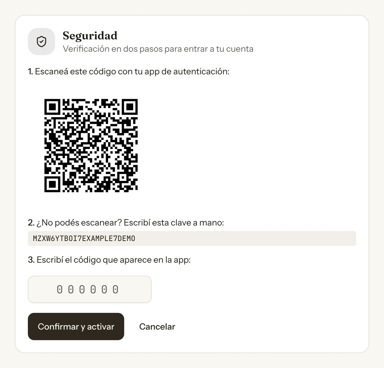 La tarjeta de Seguridad con los tres pasos: un código QR para escanear, debajo la clave escrita para copiarla a mano, y el campo donde se escribe el código de seis dígitos con el botón «Confirmar y activar».