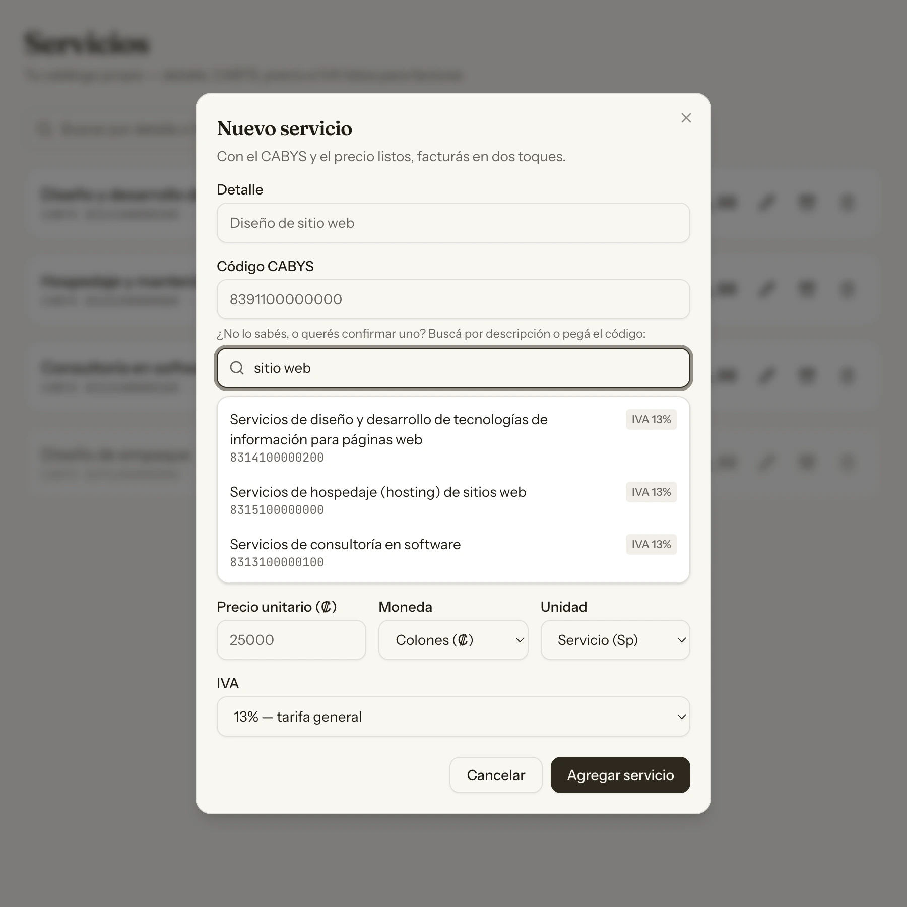 Alta de un servicio: al escribir «sitio web», el buscador muestra los códigos CABYS que coinciden, con su tarifa de IVA.